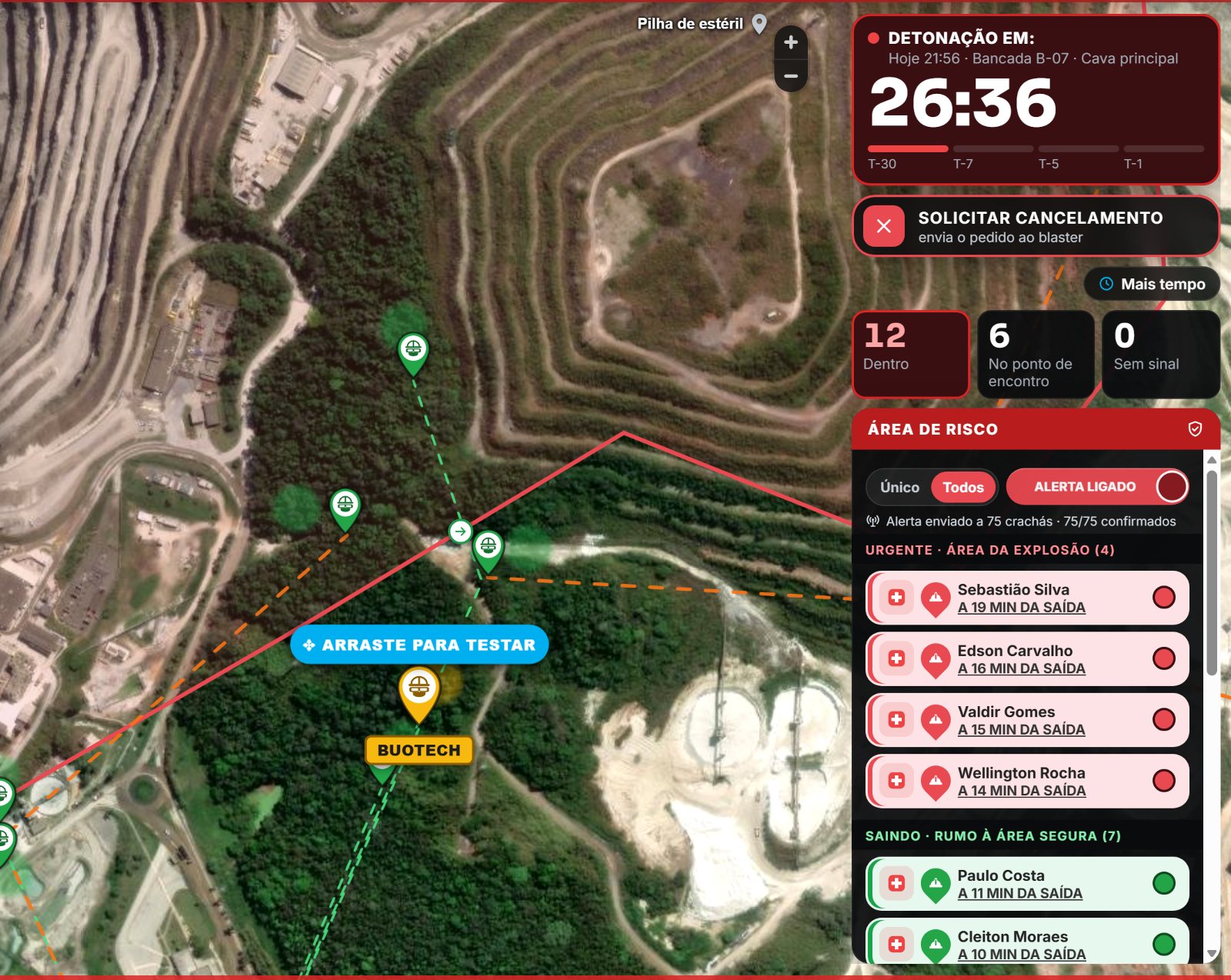 Control room during the evacuation: people on the map, blast countdown and list of who is still inside